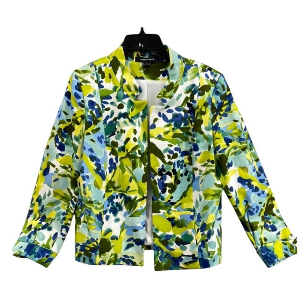 Ellen‎ Tracy Blazer Jacket Sz 12 Abstract Floral Print Open Front Lined Pockets